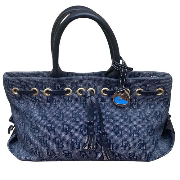 Dooney & Bourke Logo Blue Denim Tassel Tote Bag w/Leather Handles/Trim - Picture 1 of 10